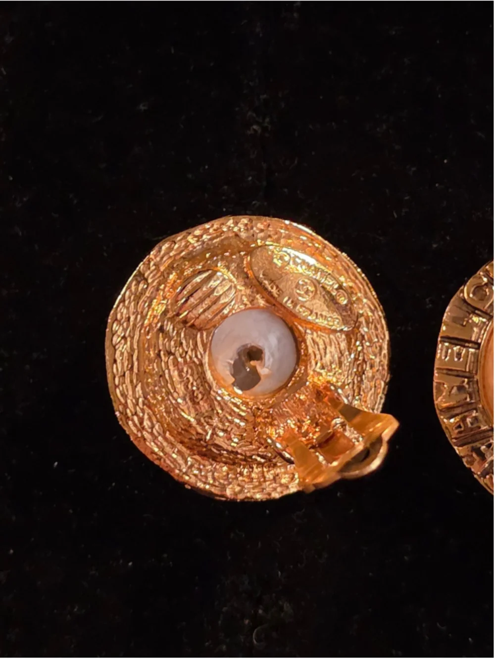 Chanel 24K Gold Plated Spell Out Pearl Clip Earrings 1983 - Picture 5 of 7